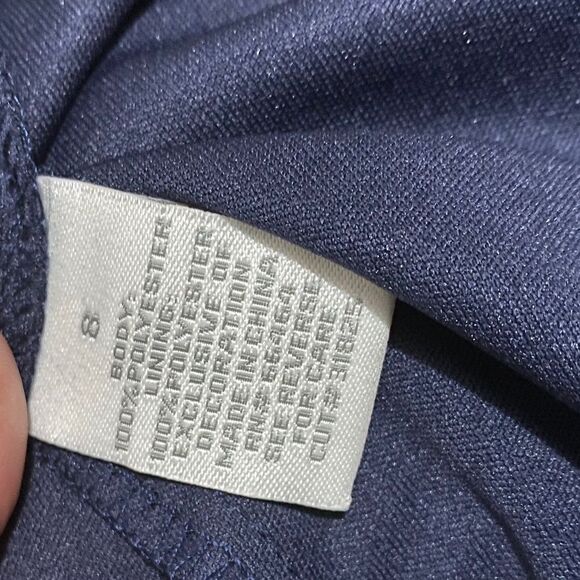 dressbarn Navy & White Sleeveless Polka Dot Pleated Dress w/ Waist Ribbon Tie - Picture 7 of 7